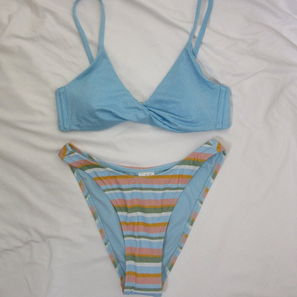 wild fable 2 Piece Bikini Blue Pink Stripes Bralette Top Size XS / Small NWT